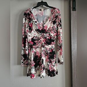 Floral Peplum V Neck Long Sleeve Dress or Tunic Top Size Medium